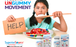 Welcome to the Ungummy movement - Girl eating a giant spoon of sugar. children's vitamins C, D and immune