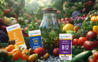 Fall Immune Vitamins in a background of vegetables