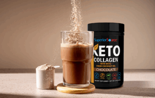 Superior Source Chocolate Keto Powder with a glass of chocolate powder and a scoop